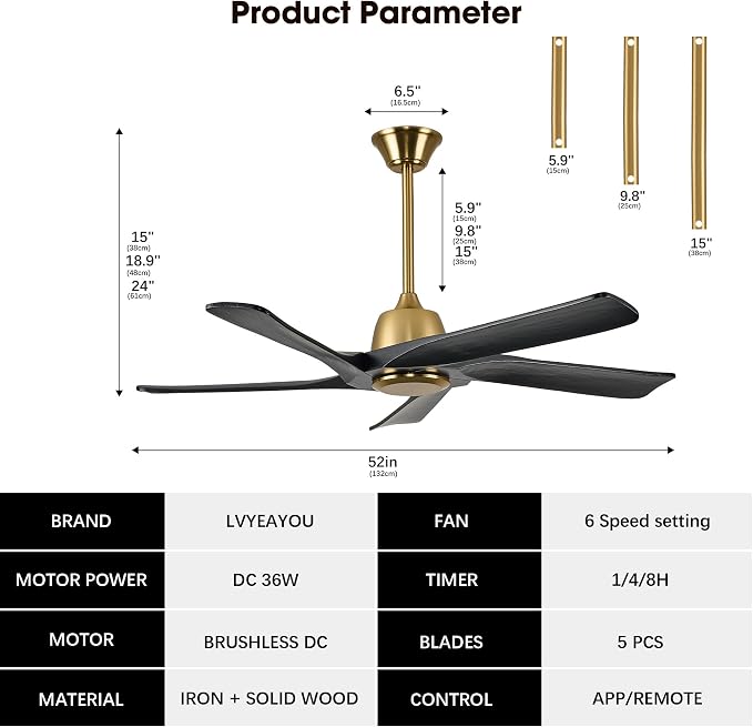 52 Inch Solid Wood Ceiling Fan No Lights, Remote and APP Control, DC Motor, 6-speed Reversible, for Bedroom, Living Room, Office, Black Gold