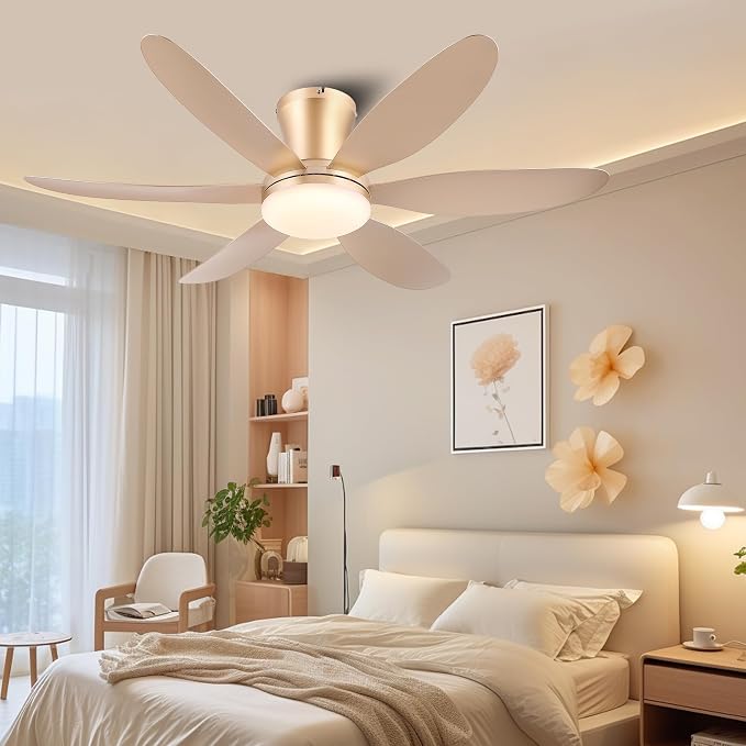 GJeg Ceiling Fans with Lights,42" Low Profile Ceiling Fan with Light and Remote Control,Flush Mount, Reversible, Dimmable, Noiseless,Gold Ceiling Fan for Bedroom
