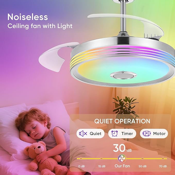 FIDGRA 48'' Retractable Ceiling Fan with Light, Bluetooth Modern Ceiling Fans with Speaker, RGB LED Lights, 6 Speeds, Reversible Motor for Bedroom, Living Room, Party-Chrome