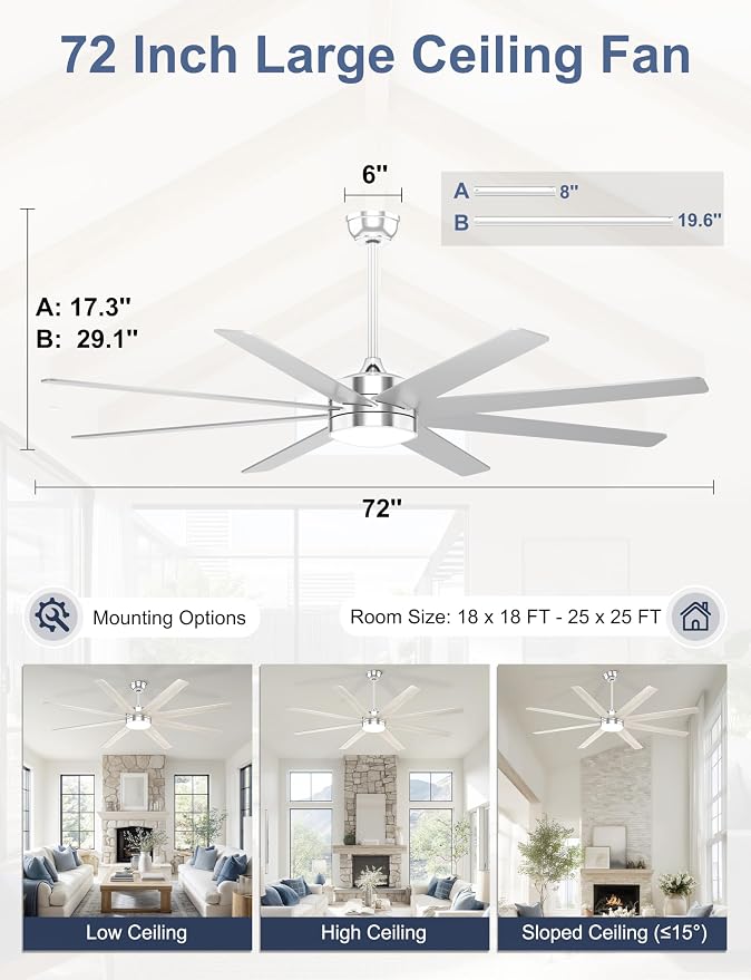 72'' Silver Large Ceiling Fan with Light for Indoor/Covered Outdoor | Remote/APP Control, 3CCT Dimmable, Quiet DC Motor, Reversible Airflow, 8 Blades Modern Big Overhead Fan for Patio Living Room