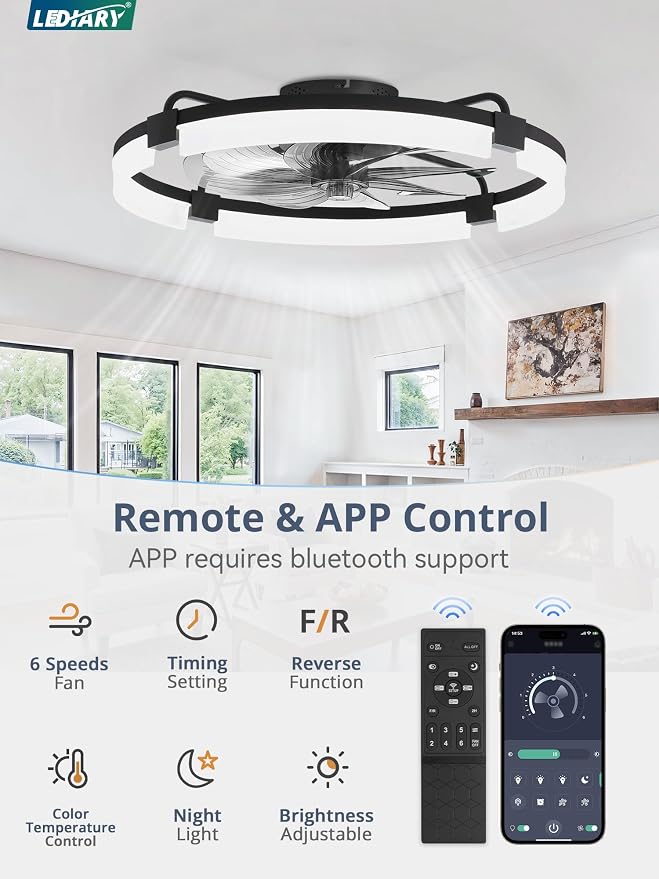 LEDIARY 24" Ceiling Fans with Lights and Remote, Modern Low Profile Ceiling Fan, 3 CCT, Stepless Dimmable, Fandelier Flush Mount Fan Light, 6 Speeds, DC Motor, App & Remote Control for Bedroom(Black)