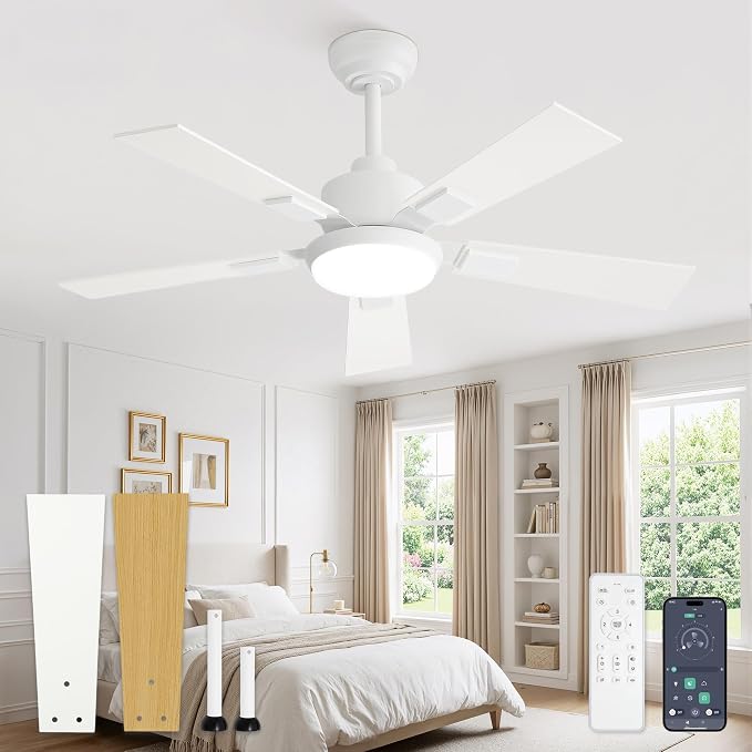 42 Inch Ceiling Fans with Lights and Remote&APP Control, White Smart Ceiling Fan with 3000-6000K Dimmable, 6 Speeds Quiet Reversible Motor, Indoor/Outdoor Ceiling Fan for Bedroom Living Room