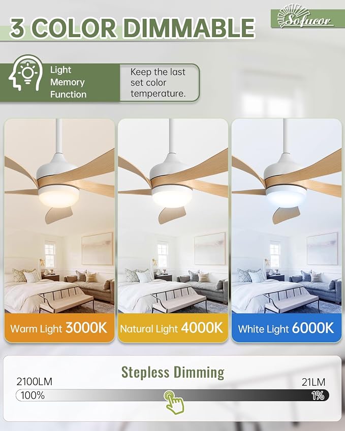 Sofucor 42 Inch Ceiling Fan with Lights and Remote, Indoor/Outdoor Ceiling Fan with Light 6-Speed 3 CCT 3-Timer, Low Profile Modern Ceiling Fan 5 Blade Quiet DC Motor for Bedroom Living Room Patio