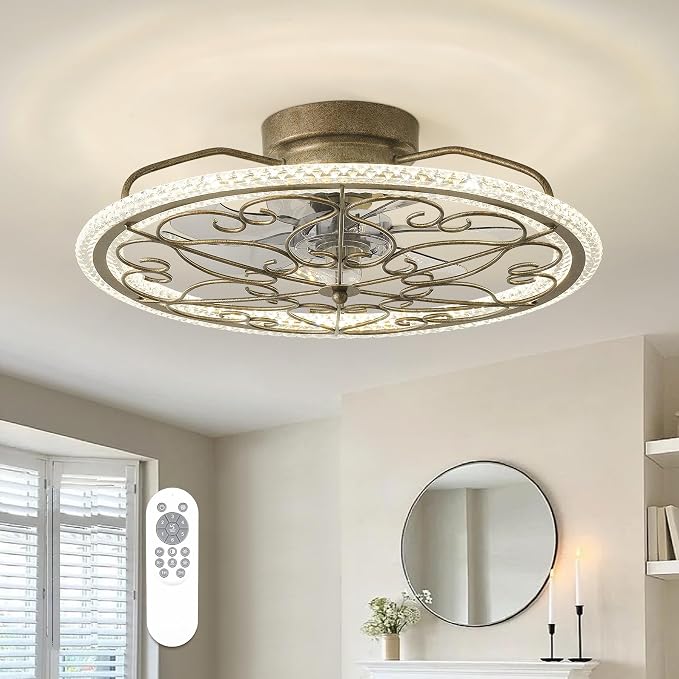 Low Profile Ceiling Fan with Lights 20" Ceiling Fan with Remote Bladeless Ceiling Fan Boho Vintage Flush Mount Ceiling Fan with Light 3 Color Smart LED Dimmable,Handmade Antique Vintage Silver