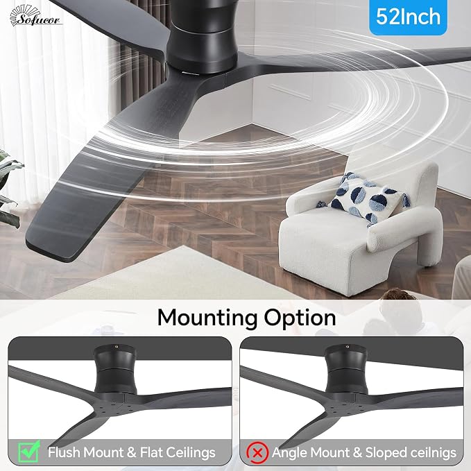 Sofucor 52" Smart Ceiling Fan No Light, Solid Wood Low Profile Ceiling Fan with Remote, Flush Mount Ceiling Fan Works with Alexa/Google/App 6-Speed Timing Reversible DC Motor for Living Room Bedroom