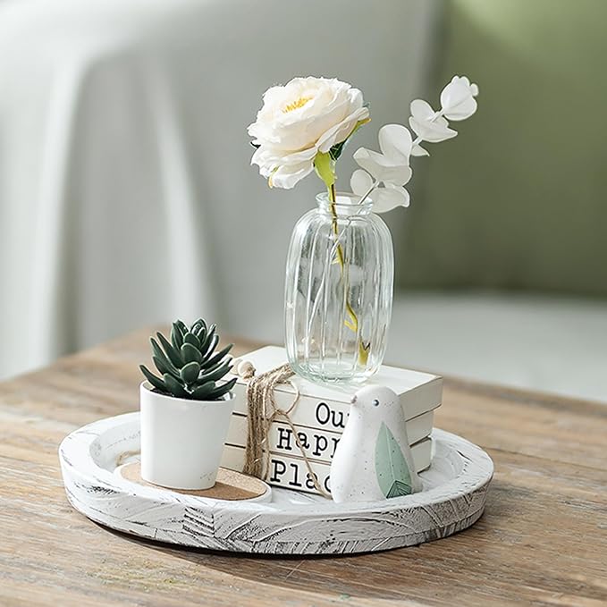 Hanobe Candle Plate Holder Tray: Round Wood Decorative Candle Plate - Rustic Farmhouse CoffeeTable Decor - Tealight Pillar Trays for Home Decor (White Rustic)
