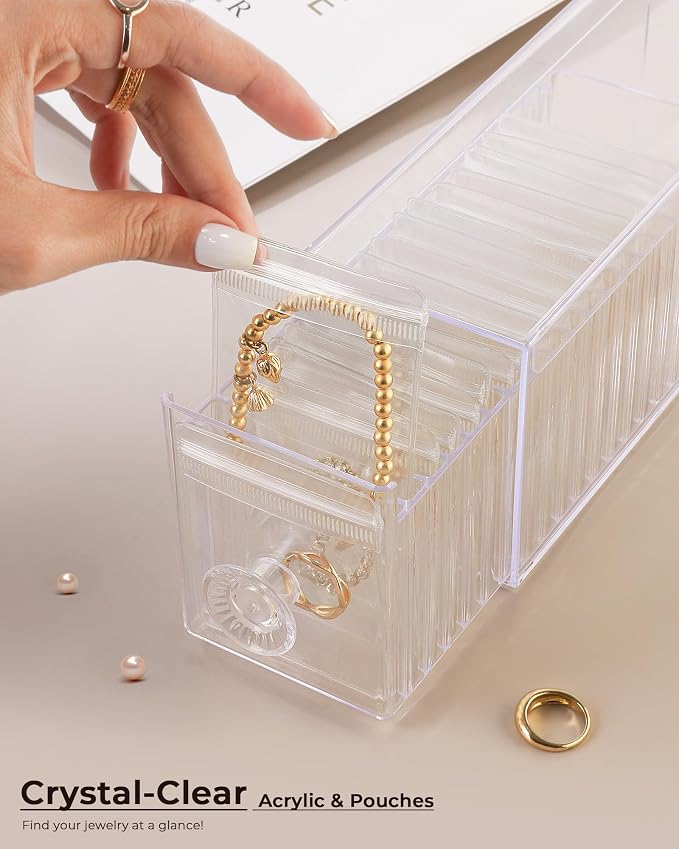 HOMEHIVE Clear Acrylic Jewelry Organizer Box with 20 Portable Pouches, Jewelry Storage Case for Women Girls, Tangle-Free, Anti-Tarnish, Compact Storage for Necklaces/Earrings/Rings, Upgraded Clear
