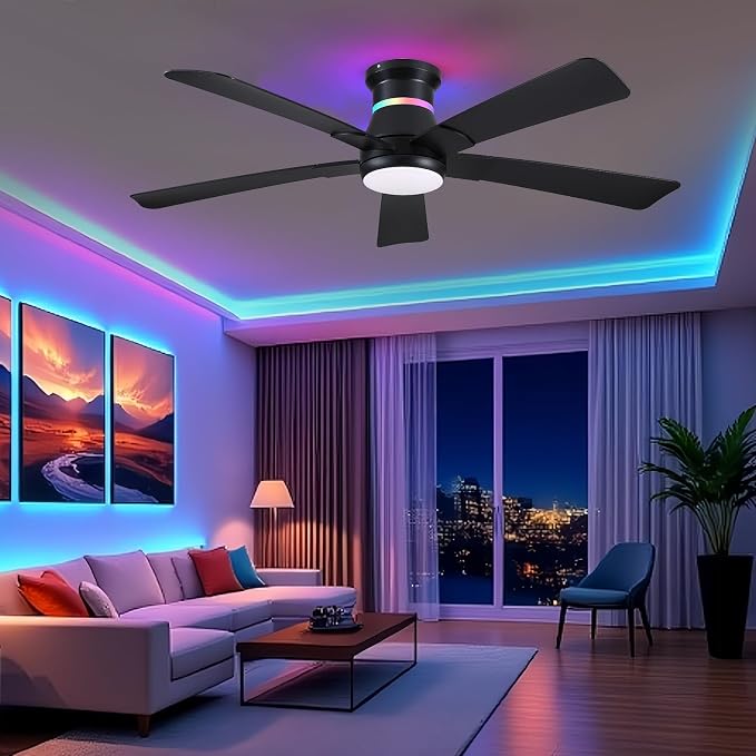 Surtime 52" Black Ceiling Fans with RGB Lights - Flush Mount Ceiling Fan Light with LED 3CCT Dimmable, Modern Low Profile Ceiling Fans for Indoor Party,Covered Outdoor