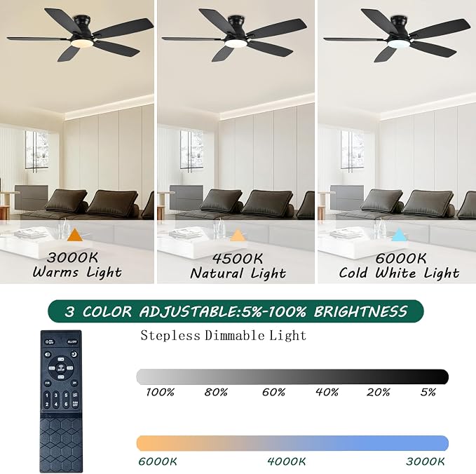 NKPU Ceiling Fans with Lights, Low Profile Ceiling Fan with Light and Remote/APP Control, DC Motor, Noiseless, Flush Mount, 52inch Black Ceiling Fan for Bedroom Indoor/Outdoor Use
