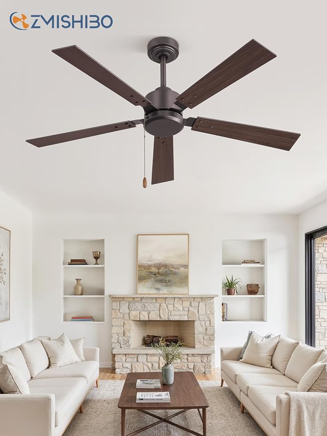 ZMISHIBO 52 Inch Ceiling Fan without Light, Farmhouse Ceiling Fan with Remote & Pull Chain, 6-Speeds, Quiet DC Motor, Brown Ceiling Fan no Light for Bedroom, office, Patio, Indoor/Outdoor Use