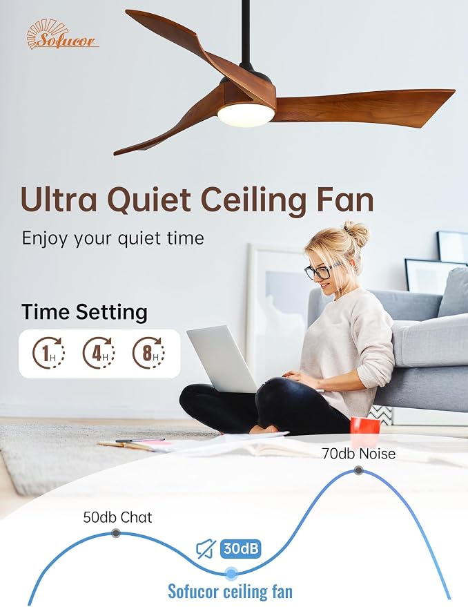 Sofucor 52 Inch Smart Ceiling Fans with Light-Modern Solid Wood Outdoor 3 Blades Ceiling Fan with Light Alexa/Google/APP/Remote Control for Bedroom Living Room Farmhouse, Quiet DC Motor, Walnut Black