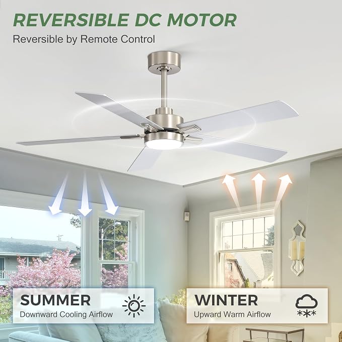 Ceiling Fans with LED Lights, 52 Inch 5-Blade Ceiling Fan Remote Control, Industrial Ceiling Fan with Reversible DC Motor, Downrod Mount LED Ceiling Light Chandelier for Bedroom (Satin Nickel)