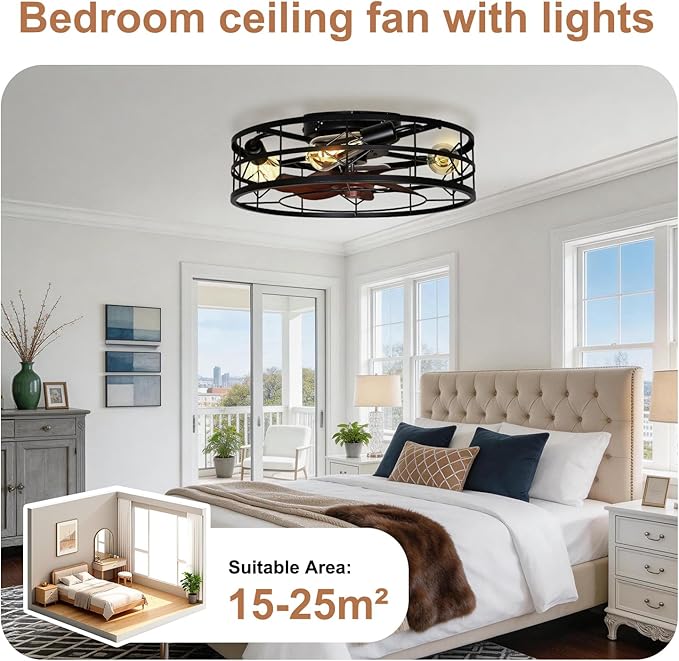 TCL 20 Inch Caged Ceiling Fans with Lights and Remote, Fandelier Ceiling Fan,Low Profile Flush Mount Fandelier, Rustic Farmhouse Style for Kitchen,Bedroom,Living Room,Easy to Install