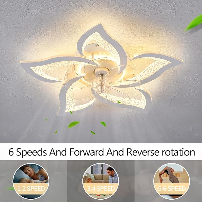 27" White Geometric Ceiling Fan with Light Remote Control, 3 Light Color 6 Speeds Flush Mount Low Profile Ceiling Fan with Light for Bedroom Kitchen