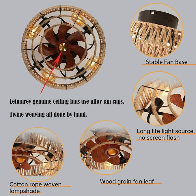 20" Boho Caged Bladeless Ceiling Fans with Lights and Remote | Flush Mount Low Profile Ceiling Fan Light. Silent 6 Speed Reversible Motor, Hand-knitting for Living Room Bedroom w/ 4 bulbs.