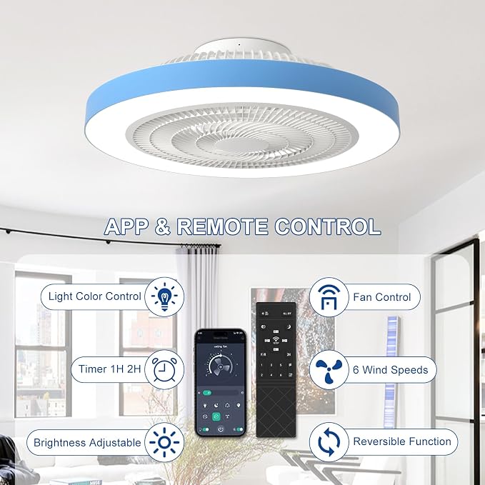 Depuley Modern Ceiling Fan with Light: 19" LED Flush Mount Low Profile Ceiling Fans with Remote & Smart APP Control - Blue Bladeless Fandelier Dimmable Quiet DC Motor for Bedroom Kids Room 6 Speeds