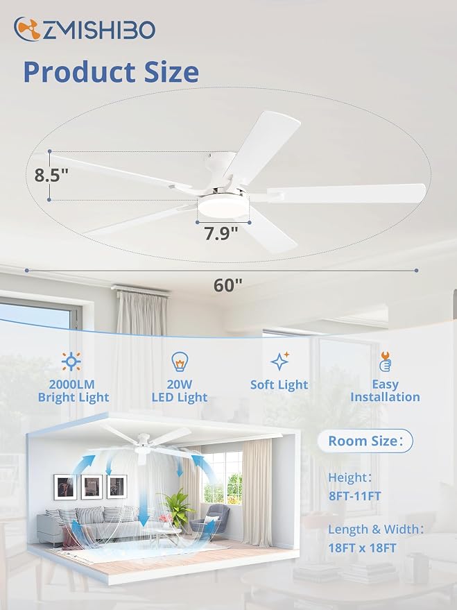 ZMISHIBO 60 Inch Ceiling Fan with Light, App&Remote Control, Flush Mount Low Profile, Dimmable 20W LED Light, Quiet Reversible Motor for Bedroom, Living Room, Apartment, White