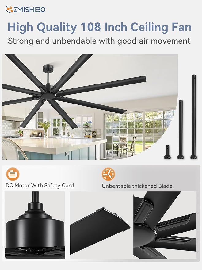 ZMISHIBO 108 Inch No light, Large Industrial High Volume (HVLS) Ceiling Fan with Reversible DC Motor, 8 Aluminium Blades, Modern Commercial Ceiling Fan without Light for Garage/shop/living room,Black