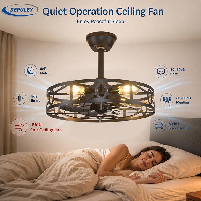 Depuley Caged Ceiling Fans with Light: 20-Inch Black Metal Enclosed Farmhouse Fandelier for Kitchen Bedroom - Industrial Semi Flush Mount Ceiling Fans with Remote 6 Speeds Reversible Motor Timer