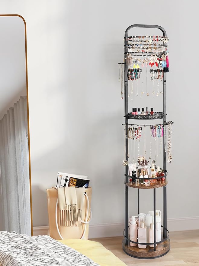 Jewelry Holder Organizer, Floor Jewelry Organizer with Earring Organizer Necklace Holder, Rotating Jewelry Stand Necklace Display Earring Storage, Large Hanging Jewelry Tree for Jewlery Bracelet Ring