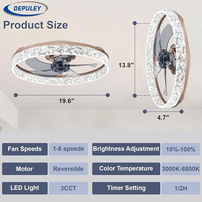 Depuley Bedroom Ceiling Fans with Lights: 20" Modern Low Profile Flush Mount Bladeless Ceiling Fan with App Remote Control - Brown Fandelier for Living Room Kitchen Dimmable Quiet DC Motor