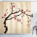 Ambesonne Japanese Shower Curtain, Traditional Chinese Paint of Figural Tree with Details Brushstroke Effects Print, Cloth Fabric Bathroom Decor Set with Hooks, 69" W x 70" L, Brown Pink