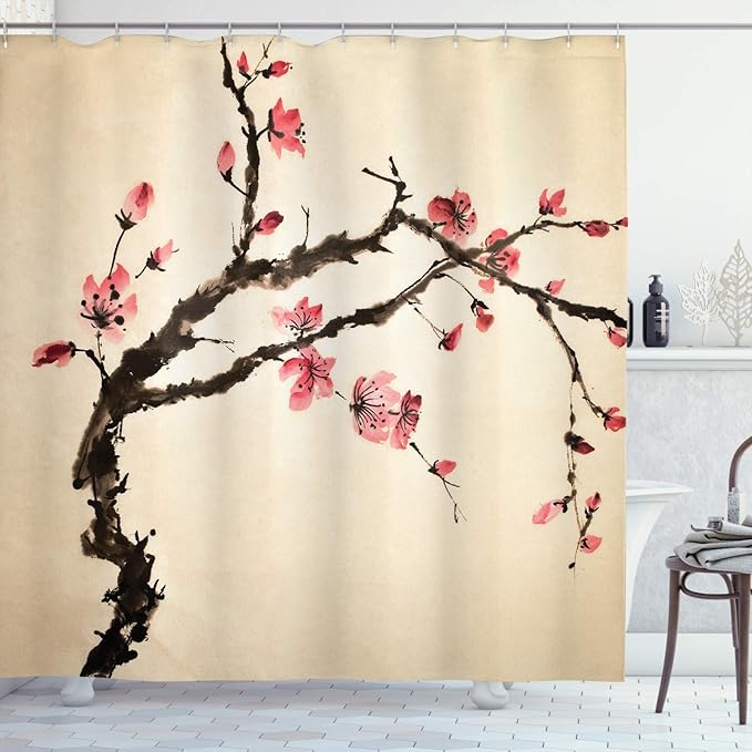 Ambesonne Japanese Shower Curtain, Traditional Chinese Paint of Figural Tree with Details Brushstroke Effects Print, Cloth Fabric Bathroom Decor Set with Hooks, 69" W x 75" L, Brown Pink
