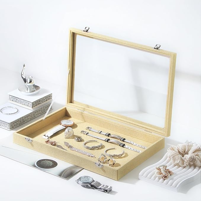 Coward Jewelry Organizer Box, Yellow Linen Blank Display Tray Case with Lid for Storage Necklaces Bracelets Rings Beads and Jewelry Accessories