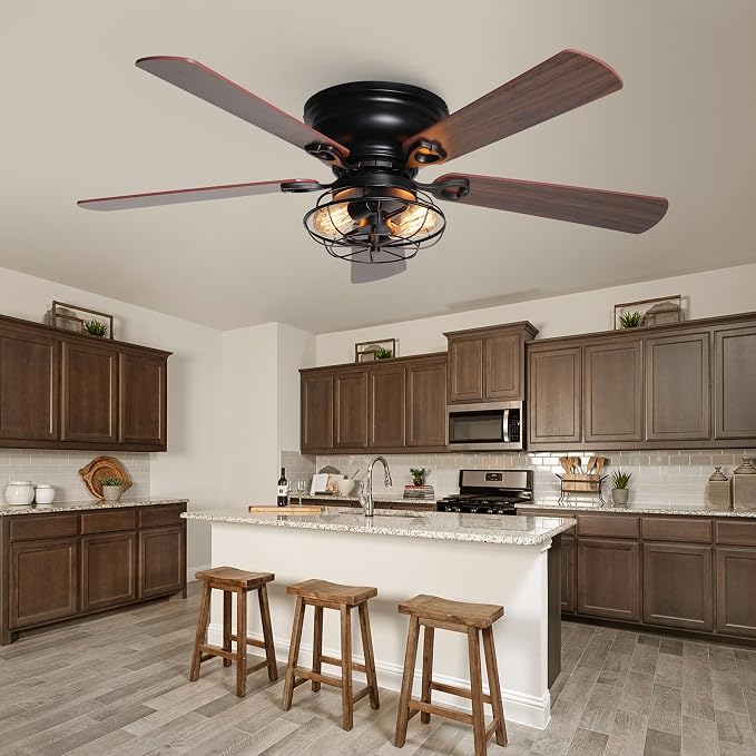 48" Farmhouse Low Profile Ceiling Fan with Light & Remote, Outdoor Flush Mount Ceiling Fans for Bedroom Living Room, 5-Blades 3-Speed Quiet Reversible Motor, Timer Function