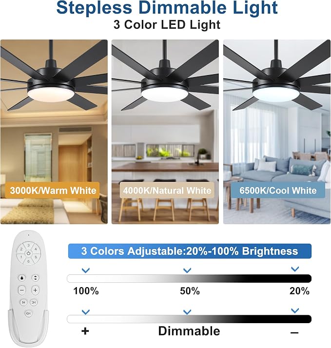 62 Inch Ceiling Fans with Lights and Remote Control, Black | Wooden Blades,Reversible Quiet DC Motor, 6-Speed, 3CCT Dimmable LED, Timer for Living Room, Bedroom, Office