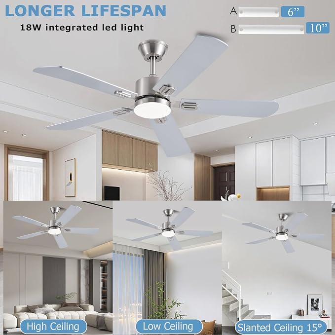 FUMLTP 52inch Ceiling Fans with Lights and Remote/App Control, Double-Side Blades, Dimmable LED, Reversible DC Motor, Noiseless, Modern Low Profile Ceiling Fan for Indoor/Outdoor Use (Nickel)