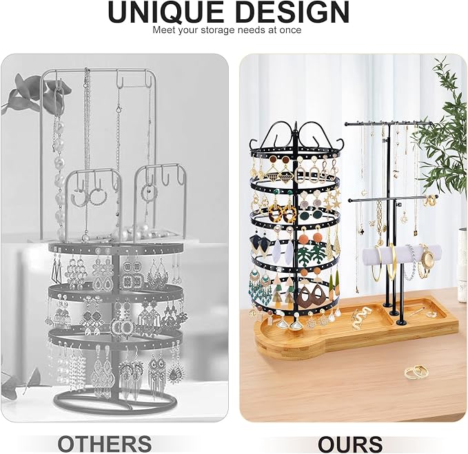 Jewelry Organizer Stand with Bamboo Base, Metal Rotating Earring Holder Organizer, Multi-Functional Adjustable Necklace Holder Rack Bracelet Watch Holder for Jewelry Earrings Ring