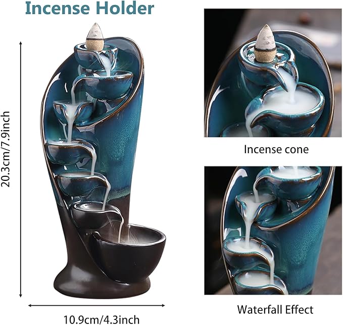 YYW Backflow Incense Burner Holder Handmade Statue Decor Fountain Waterfall Incense Holder with 20 Backflow Incense Cones 30 Incense Sticks 1 Tweezer 1 Mat for Indoor Meditation Yoga (Blue)
