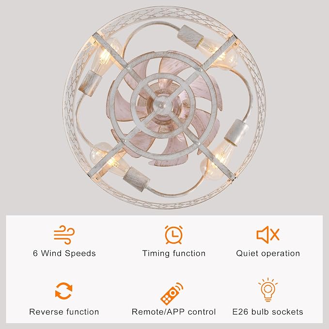Garwarm Caged Ceiling Fan with Light,20" Flush Mount Ceiling Fan with Remote,Bladeless Low Profile Fandelier Small Ceiling Fans with Lights for Bedroom,Dining Room