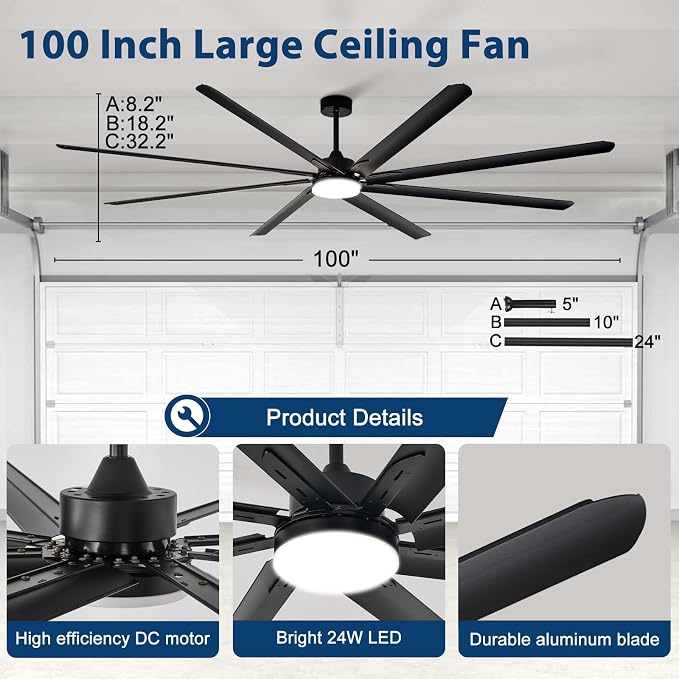 Large Ceiling Fan with Light: 100 Inch Outdoor Fan - Industrial Ceiling Fan with Remote for Shop Garage Patio Black