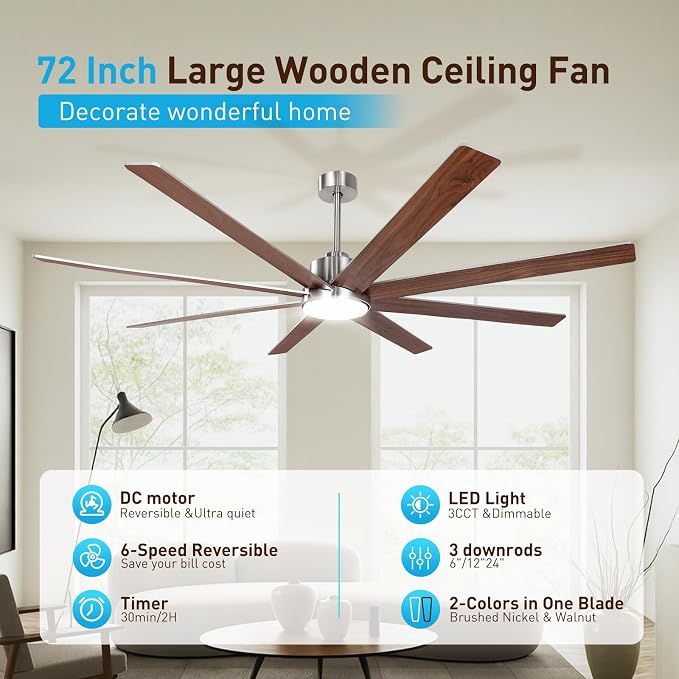 72In Modern Brushed Nickel Ceiling Fans with Light and Remote,6 Speed,3CCT,Quiet Reversible DC Motor Indoor Outdoor Ceiling Fan for Patio Living Room Bedroom