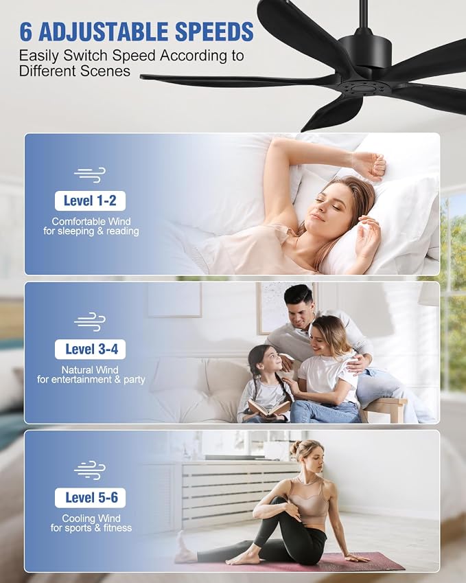 52" Ceiling Fan Without Lights 5 Blades Ceiling Fans with Remote Black | Ceiling Fan Without Lights for Patios Indoor, ETL Listed, Timer, 6 Speeds, 3 Color, Reversible Quiet DC Motor, Under 25dB
