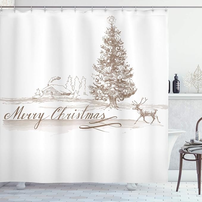 Ambesonne Christmas Shower Curtain, Romantic Vintage New Year Scenery with Reindeer Tree and Star Design Image, Cloth Fabric Bathroom Decor Set with Hooks, 69" W x 84" L, Brown