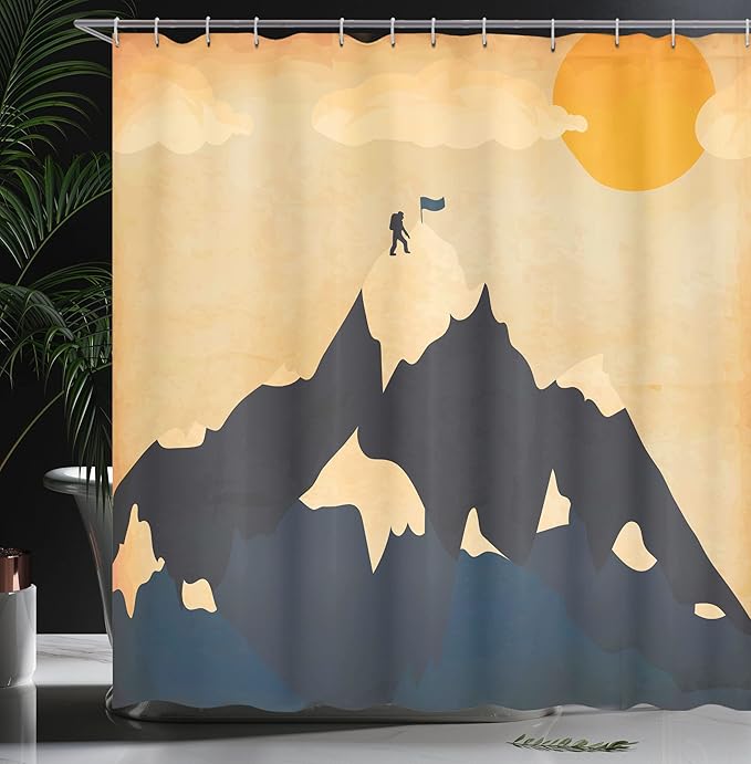 Ambesonne Vintage Shower Curtain, Man on Mountaintop with Flag Snowy Winter Sun Clouds Adventure Sports, Cloth Fabric Bathroom Decor Set with Hooks, 69" W x 75" L, Orange Mustard Dark Blue