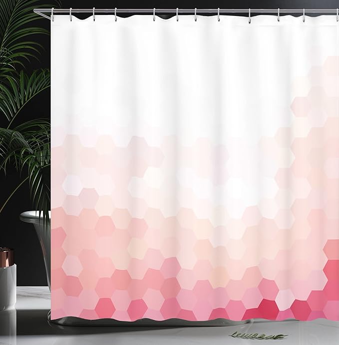 Ambesonne Pale Pink Shower Curtain, Gradient Toned Geometric Style of a Digital Abstract Style of Hexagon Modern Display Work of Art, Fabric Bathroom Decor Set with Hooks, 69" W x 70" L, White Coral
