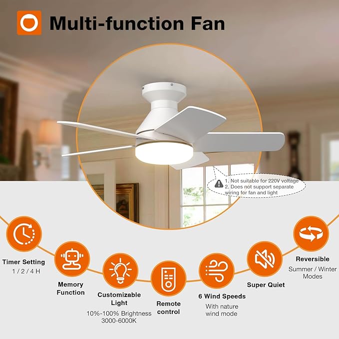 addlon Ceiling Fans with Lights, 32inch Low Profile Ceiling Fan with Light and Remote Control, Flush Mount, Reversible, 3CCT, Dimmable, Quiet, White Small Ceiling Fan for Bedroom Indoor/Outdoor Use