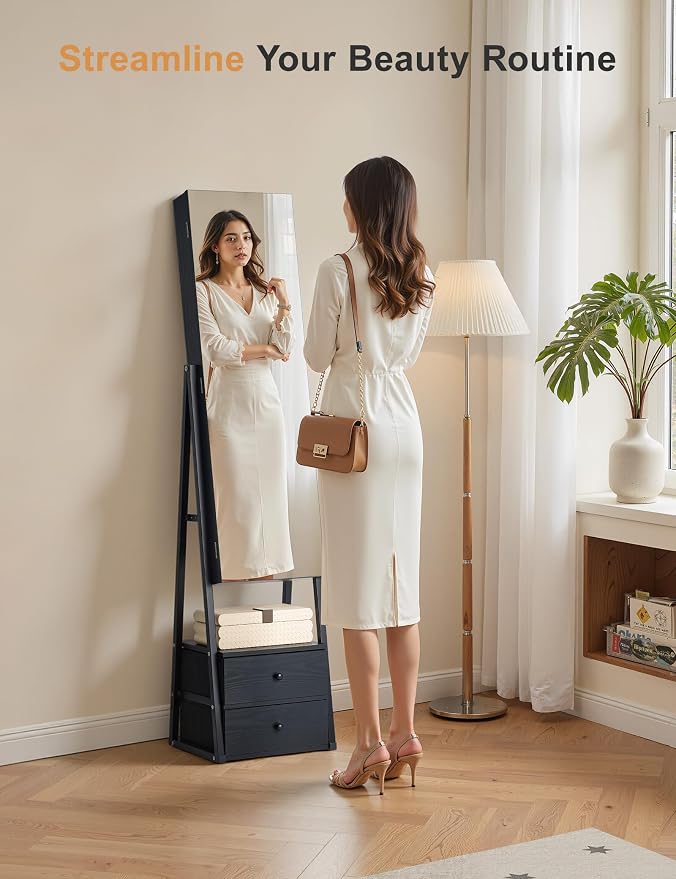 Nicetree Mirror Jewelry Cabinet Standing, Lockable Jewelry Cabinet Armoire with 2 Drawers, Full Length Mirror with Jewelry Storage, Gift Idea, Black