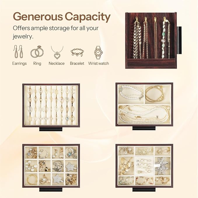 HOOBRO Jewelry Box for Women, Wooden Jewelry Organizer with Transparent Window, 4-Layer Jewelry Organizer Box, Jewelry Holder Organizer for Earrings, Necklaces, Rings, Dark Walnut and Black BRT09JB04