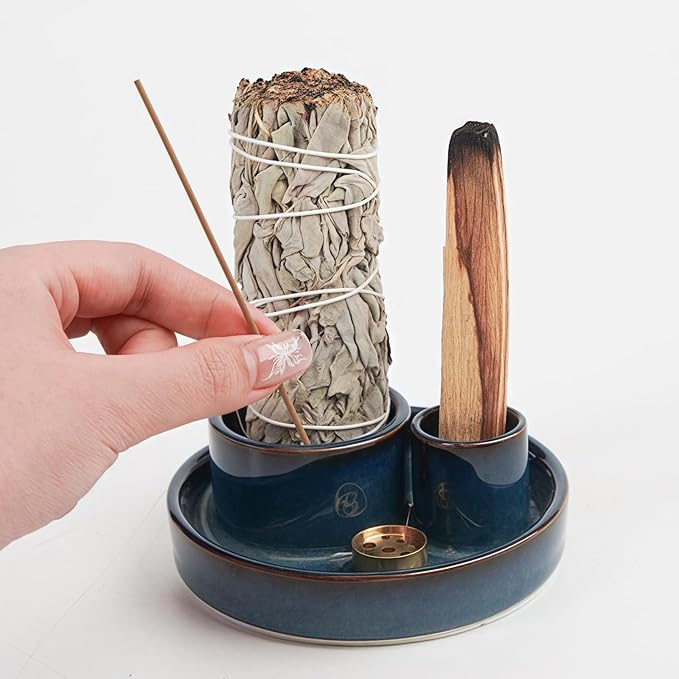 4 in 1 Incense Holder, Ceramic Incense Stick and Palo Santo Holder,Sage Holder for Burning- 4.25" Ceramic Ash Catcher Tray for Meditation and Yoga Room (Blue)