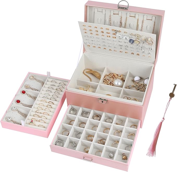 BOOVO Large Jewelry Boxes For Women (rose gold) | 5 Layers Jewelry Organizer Box With Cosmetic Storage Drawer, Necklace Ring Jewelry Organizer Box