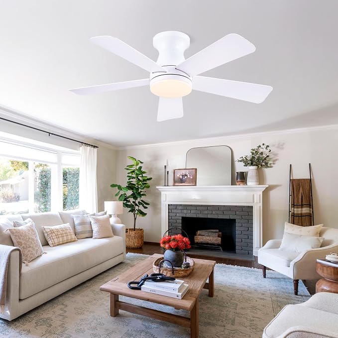 41"Small Modern White Low Profile Ceiling Fans with Light and Remote | Flush Mount ,Super Large Airflow with 6 Wind Speeds, Reversible, Dimmable 3 CCT LED, 30W DC Motor,Suits for Bedroom Kidsroom