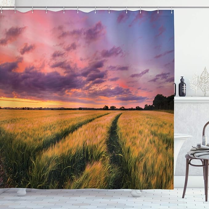 Ambesonne Rustic Shower Curtain, Flowing Crop at Sunset Morning in Nature Countryside Style Cloudscape Scene Print, Cloth Fabric Bathroom Decor Set with Hooks, 69" W x 75" L, Yellow Green