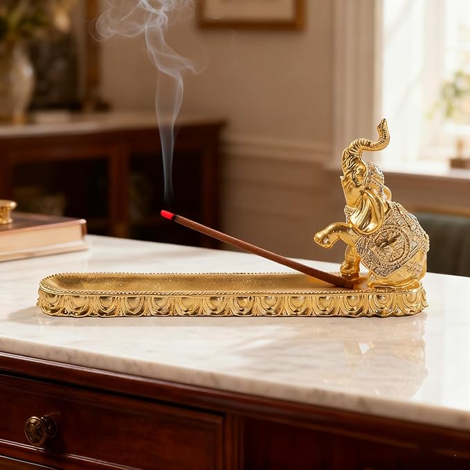 Decorative Gold Elephant Incense Holder Tray, Ornate Design with Trunk Up Figurine, Home Decor Accent Piece