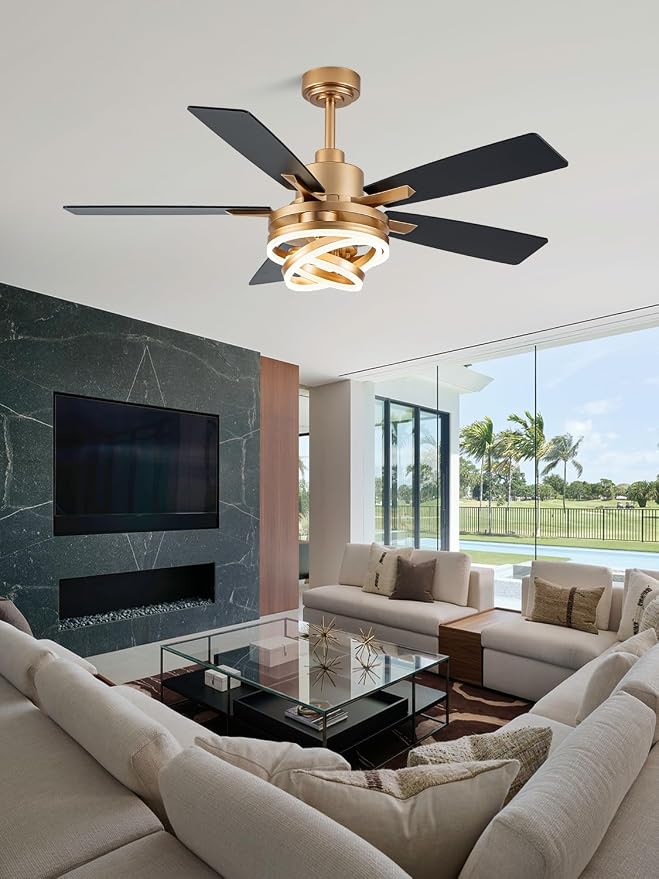 Bella Depot 52 Inch Gold Ceiling Fan Modern Chandelier Ceiling Fan with Dimmable Light, 6-Speed, Reversible, Timing Option - Ideal for Bedroom Living Room