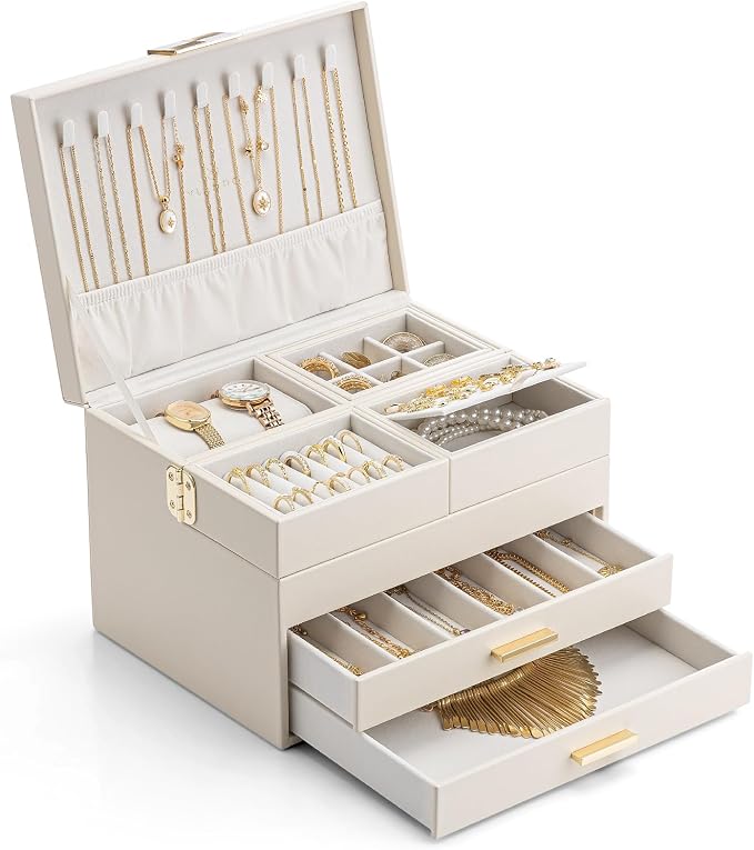 VLANDO 4 Layers Jewelry Box - Women Jewelry Box with Retractable Tray - Jewelry Organizer with Drawer for Necklaces, Rings, Bracelets, Earrings, Valentines Gift for Mom Girls - Cloud White